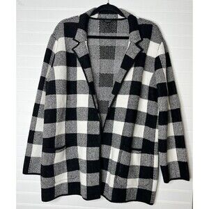 TALBOTS Knit Blazer Cardigan Women’s XLarge Black White Gingham Buffalo Pockets